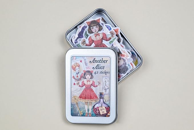 42 Pcs Another Alice Sticker Set with Collectible Tin Box – Vintage Inspired Scrapbooking Stickers for Journals, Planners, Cards, DIY Crafts, Collage, Decorative Stationery & Creative Projects