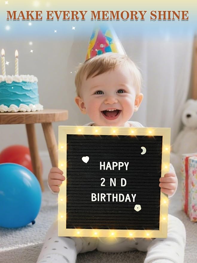 Light up Changeable Felt Letter Board Sign with LED Lights - 10×10" Message Board & Wood Stand & 450 Letters, for Halloween/Birthday/Event/Pregnancy/Baby Announcement/Home Wall Decor Gifts, Black