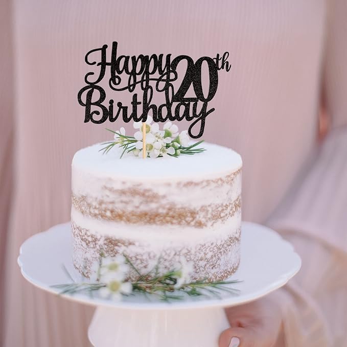 1 PCS Happy 20th Birthday Cake Topper Glitter Cheers to 20 Years Birthday Cake Pick Twenty 20 Fabulous Cake Decoration for Happy 20th Birthday Theme Party Decorations Supplies Black