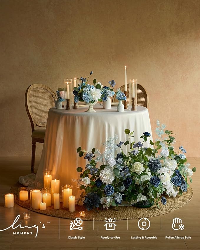 Ling's Moment 17.5" Tall Standing Artificial Flowers Arrangements 4 pcs Wedding Aisle Runner Chair Decorations Dusty Blue Navy Centerpieces for Ceremony Reception Rose Floral Party Outdoor