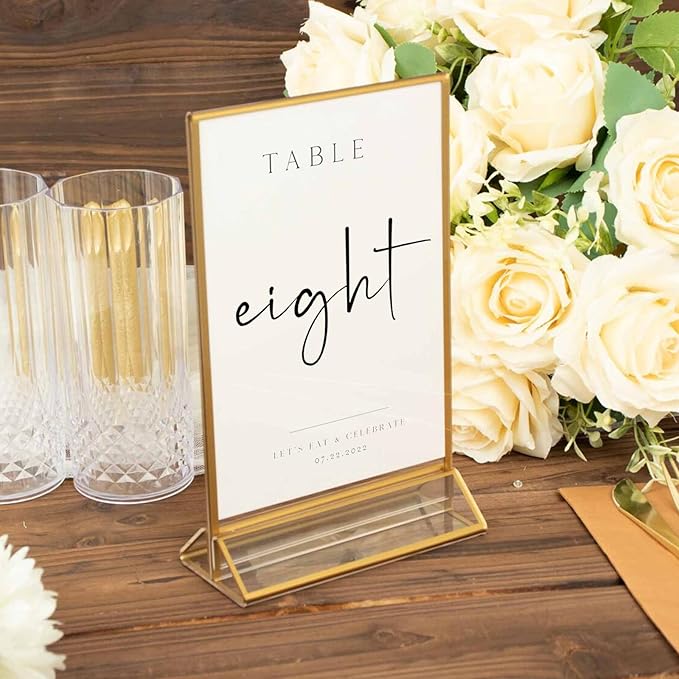 HOODO 8 Pack 5x7 Acrylic Table Number Holders with Golden Border, Double-Sided Clear Acrylic Sign Holder Gold Picture Frames Sign Holder, Vertical Stand (5"x7"-8 Pack)