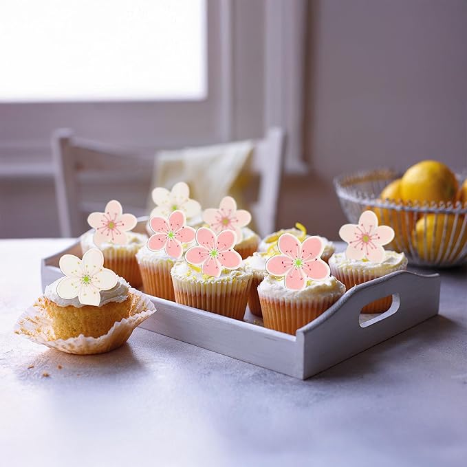 Ephlyn 54Pcs Edible Cherry Blossom Cake Decoration Spring Flowers Cupcake Toppers Wafer Paper Flowers Cake Decoration Wedding Birthday Baby Shower Party Supplies White Pink