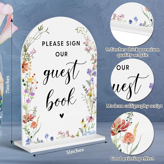 Acrylic Wedding Signs, Bridal Shower Decorations, Modern Arched Round Top Acrylic Table Top Sign with Holder for Wedding Reception Party Dinner - Please Sign Our Guestbook (White Wildflowers)