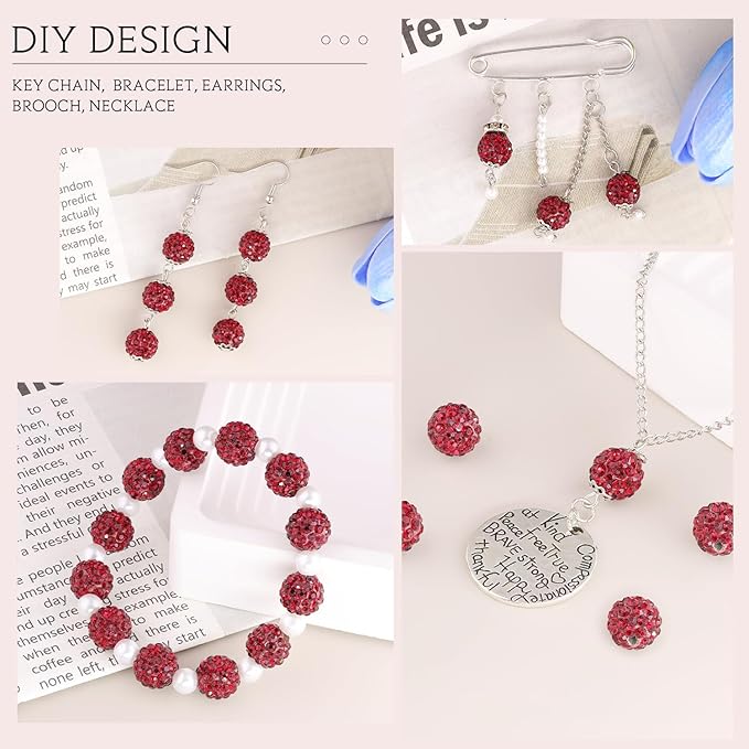 100 pcs 10mm Rhinestone Beads for Jewelry Making, Dark Red Shiny Round Shamballa Disco Beads Bulk, Sparkle Crystal Clay Christmas for Bracelet Baseball Necklace Earring Crafting and DIY