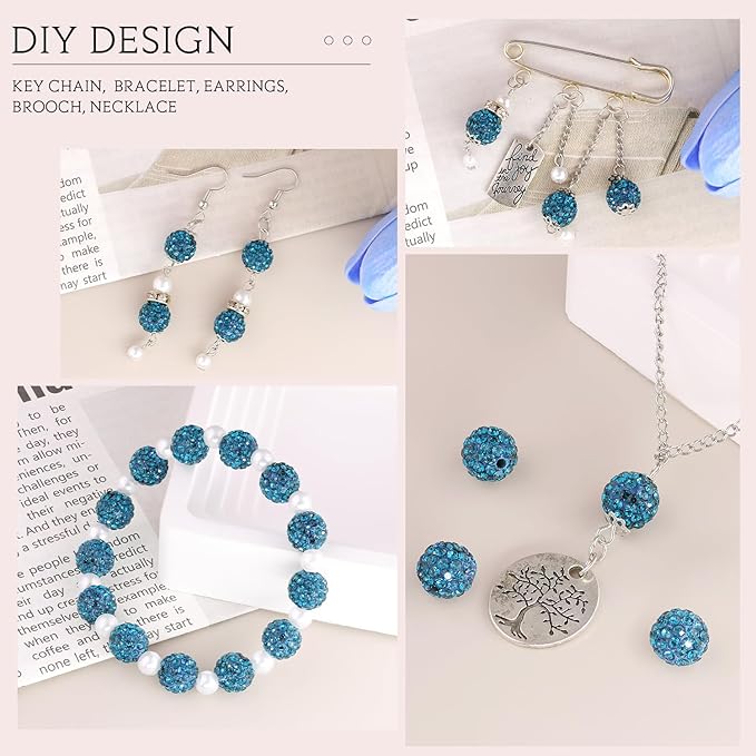 150 pcs 10mm Rhinestone Beads for Jewelry Making, Blue Zircon Shiny Round Shamballa Disco Beads Bulk, Sparkle Crystal Clay Christmas for Bracelet Baseball Necklace Earring Crafting and DIY
