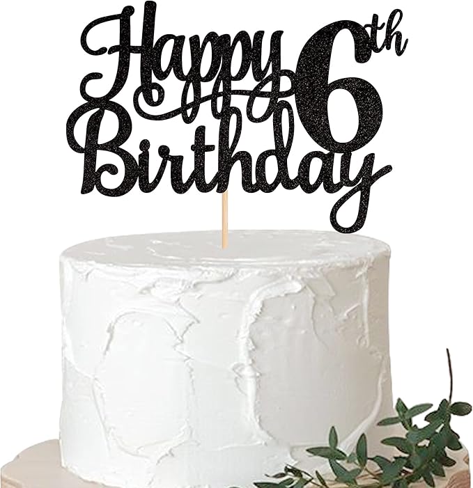 1 PCS Happy 6th Birthday Cake Topper Glitter Cheers to 6 Years Cake Pick Number 6 Fabulous Cake Decoration for 6th Birthday Theme Party Decorations Supplies Black