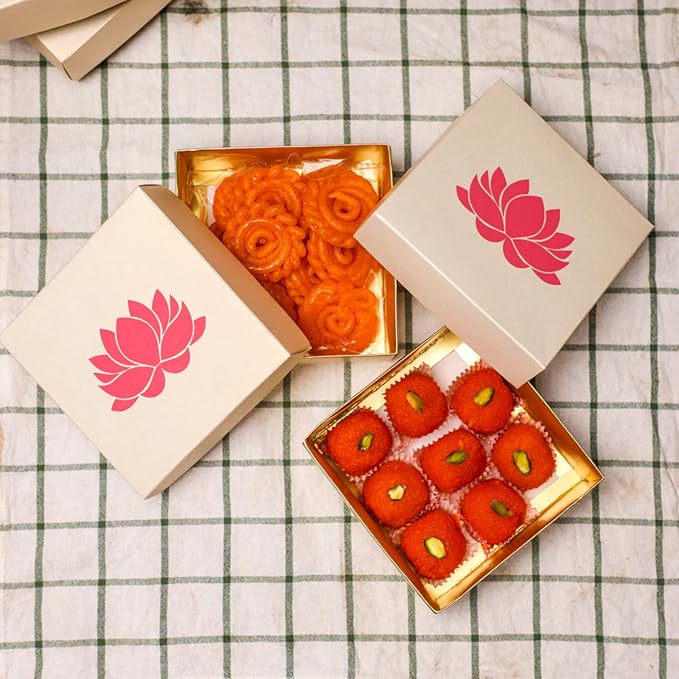 Lotus Printed White Sweet Boxes for Indian Sweets, Cookies, Goodies, Mithai, Candy, Gift Boxes with Lids Bulk, Handmade Bulk Mithai Box, Favor Boxes for Wedding, 2.95x5.51 Inch (Pack of 4)