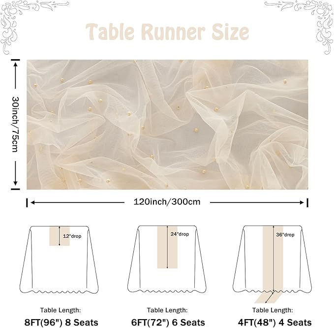 Fanami 6 Pack Pearl Table Runner -10FT Champagne Gold Boho Tulle Table Runners 120 Inches Long Rustic Sheer Lace Fabric Centerpieces for Wedding Arch Birthday Party Bridal Veil Baby Shower Decorations
