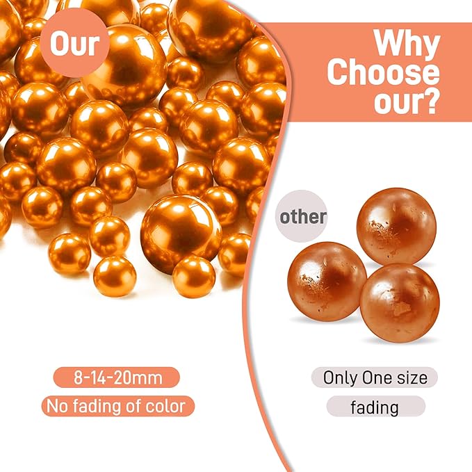 180PCS Orange Beads for Centerpieces Vases, No Hole Polished Pearl Makeup Beads Mixed 8/14/20mm Sizes, Pearl Vase Fillers Table Scatters for Party Wedding Decor