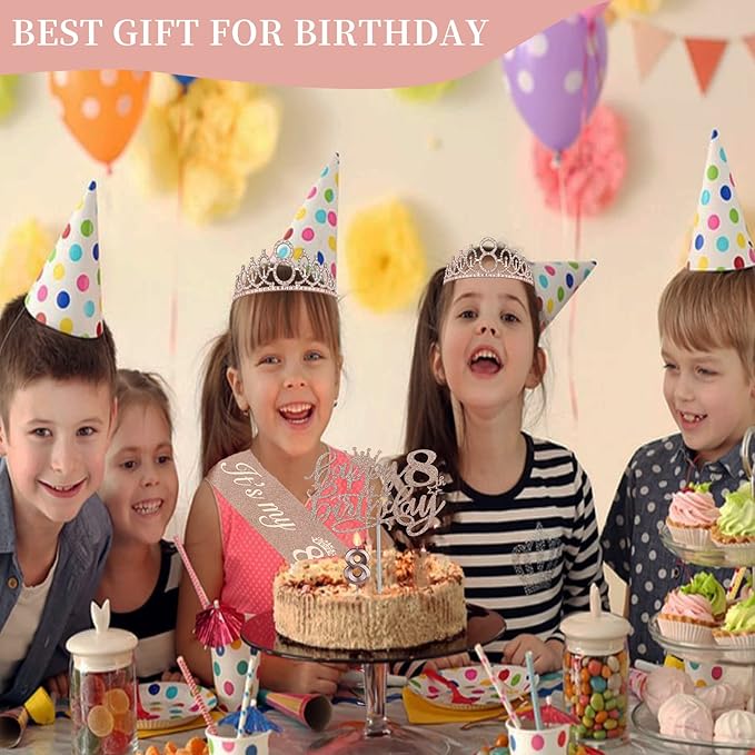 8th Birthday Decorations for Girl Including Sash, Crown, Numeral Candle and Cake Topper, 8 Year Old Girls Party Favor Supplies