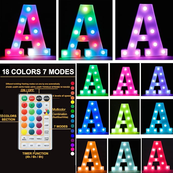 Light Up Colorful LED Marquee Letter lights, 18 Colors Changing Alphabet Letters Sign with Remote Timer for Night Light Girls Bedroom Wedding Birthday Party Lamp Christmas Home Bar Decor- Colorful E