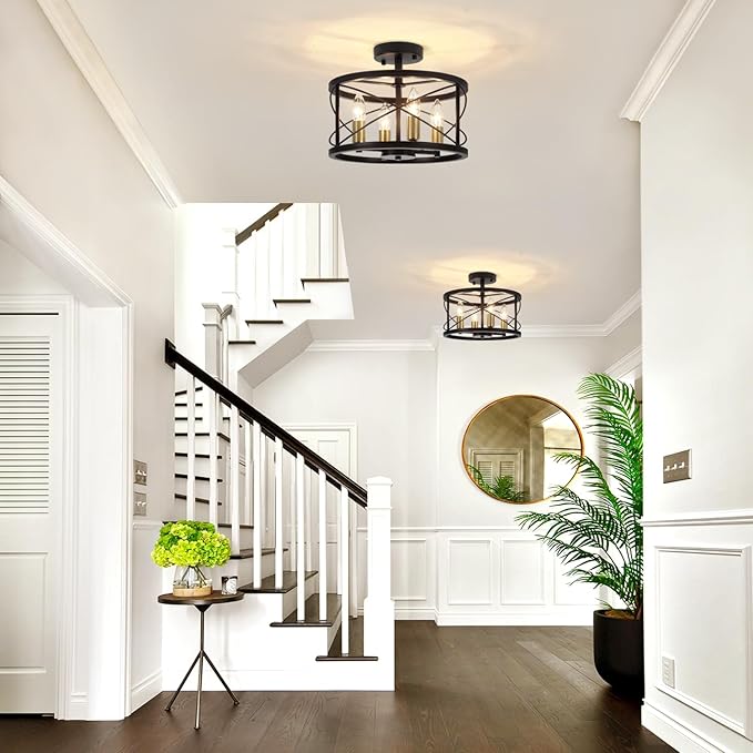 Black and Brushed Gold Semi Flush Mount Ceiling Light, Farmhouse Modern Light Fixture, Hallway Light Fixtures, 4-Light Ceiling Lamp for Kitchen, Entryway, Laundry Room, Bedroom Lighting, UL Listed