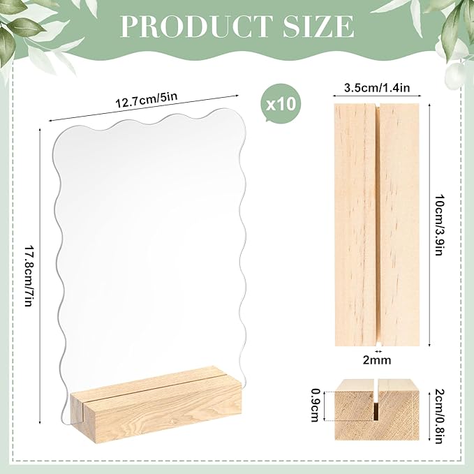 10 Pack 5x7 Inch Scalloped Acrylic Sign Blank Acrylic Sheets with Wood Base Clear Table Numbers for DIY Name Card Gifts Wedding Table Sign Event Party Decoration
