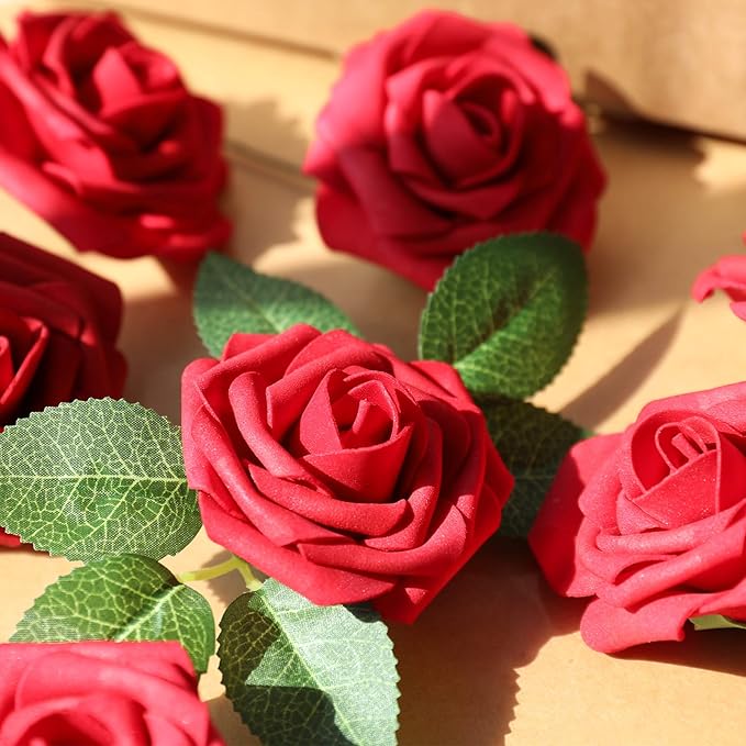 AmyHomie Artificial Flowers Dark Red Rose 100pcs Real Looking Fake Roses w/Stem for DIY Wedding Bouquets Centerpieces Arrangements Party Baby Shower Home Decorations