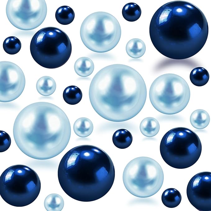 150Pcs Navy&Light Blue Polished No Hole Faux Pearl Beads for Vase Filling Decorations, Plastic Pearls Vase Fillers, Table Scatters, Wedding Centerpiece, Home Decor, 8/14/20 mm