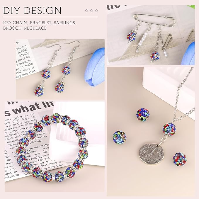 150pcs 10mm Rhinestone Beads for Jewelry Making, Black Mixed Shiny Round Shamballa Disco Beads Bulk, Sparkle Crystal Clay Christmas for Bracelet Baseball Necklace Earring Crafting and DIY