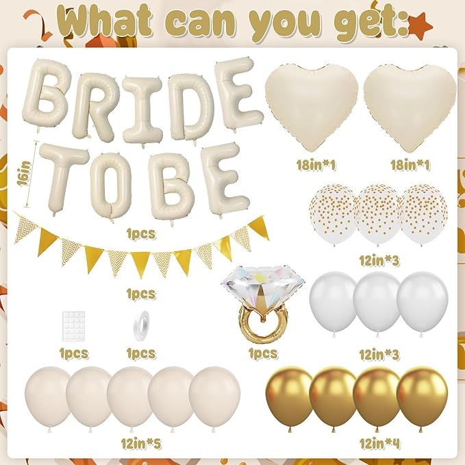 Sand White Bachelorette Party Decorations, Nude White Bride To Be Bridal Shower Balloons Decorations, White and Gold Balloons with Diamond Ring Cream Heart Balloons for Bachelorette Engagement Wedding