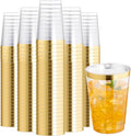 I00000 200 Pack 12 oz Gold Plastic Cups, Clear Disposable Cups, Disposable Plastic Wine Glasses Cocktail Glasses Premium Cups with Gold Rim, 12 Ounce Tumblers for Party & Wedding