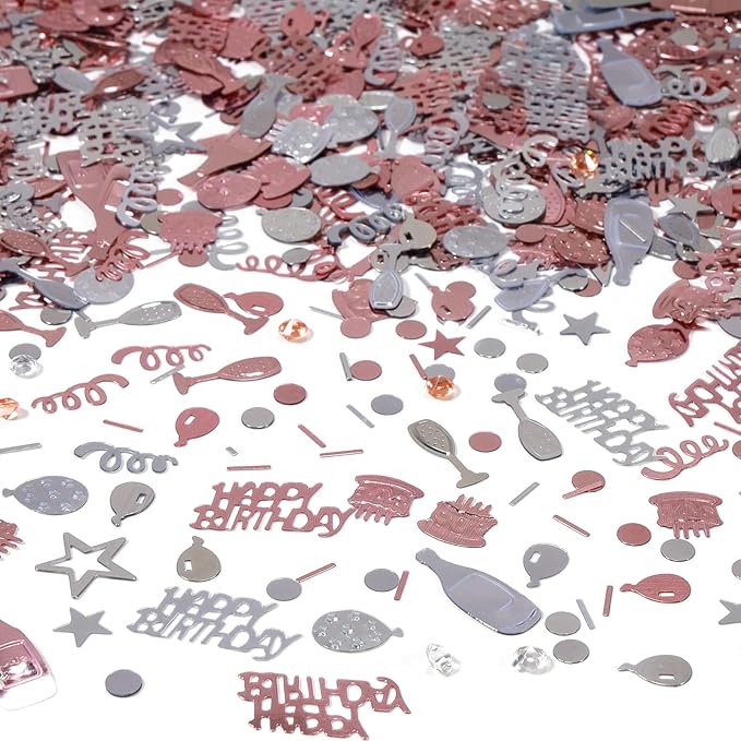 Rose Gold and Silver Happy Birthday Confetti, 3000 Pcs Birthday Cake Table Metallic Foil Confetti Party Table Decor for Party, Baby Shower, DIY Arts and Crafting
