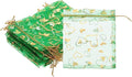 PATIKIL 100 Pcs 5x7 Inch Heart Printed Organza Bags, Green Sheer Heart Organza Bags with Drawstring for Christmas Candy Jewelry Party Wedding Favor Gift