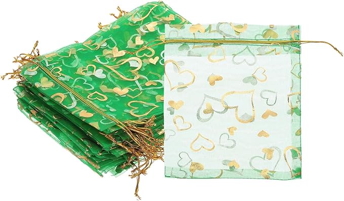 PATIKIL 100 Pcs 5x7 Inch Heart Printed Organza Bags, Green Sheer Heart Organza Bags with Drawstring for Christmas Candy Jewelry Party Wedding Favor Gift