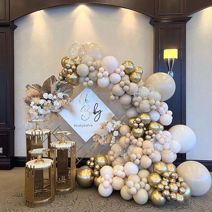 White Sand Gold Balloons Set, 12 Inch Double Stuffed Blush Beige Boho Party Balloons with Metallic Chrome Gold Neutral Cream Nude Latex Balloon for Birthday Baby Bridal Shower Wedding Party Decoration