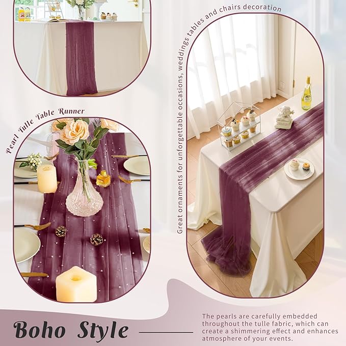 Pearl Table Runner 29 x 120 Inch Tulle Fabric Lace Table Runners Boho Rustic Tablecloth for Bridal Shower Birthday Party Wedding Arch Aisle Veil Dessert Table Decor(1 Pack, Burgundy)