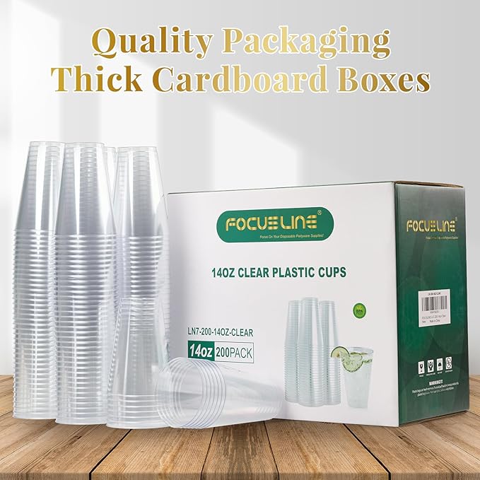 FOCUSLINE 200 Pack 14 oz Clear Plastic Cups, Large Disposable Cups Plastic Party Cup, 14 Ounce Heavy duty Clear Cups for Thanksgiving, Halloween, Christmas