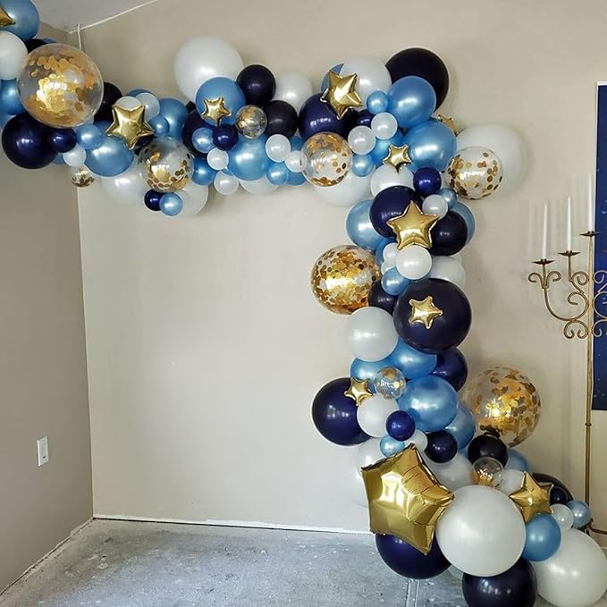 Metallic Chrome Blue Gold Balloons - 52 PCS 12 Inch Latex Balloons with Gold Confetti for Birthday Party Decorations