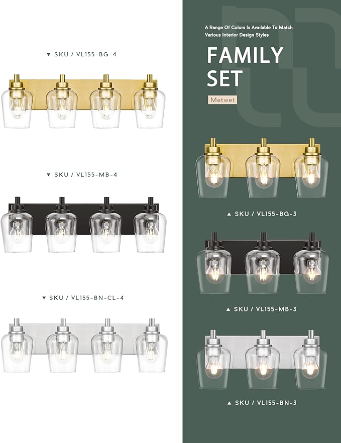 Bathroom Light Fixtures, 3-Light Modern Vanity Light with Clear Glass Wine Glass-Shaped Shade, Vanity Lighting Fixtures Over Mirror, Matte Black, VL155-MB-3