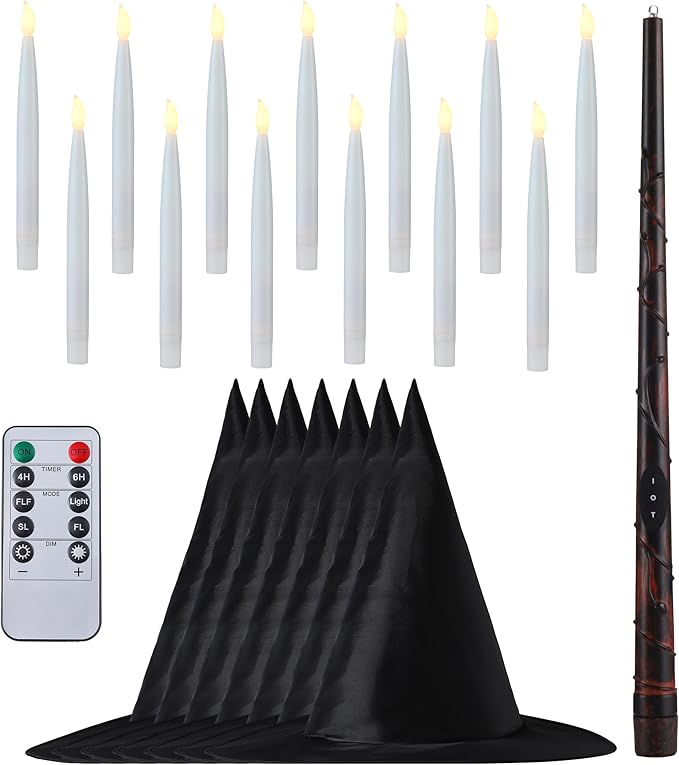 JOYIN 20Pcs Halloween Floating Candles and Witch Hat Light Up with Wand Remote Set Magic Hanging Candles and Wizard Hat with 2 Light Mode and Timer for Halloween Window Ceiling Porch Theme Party Decor