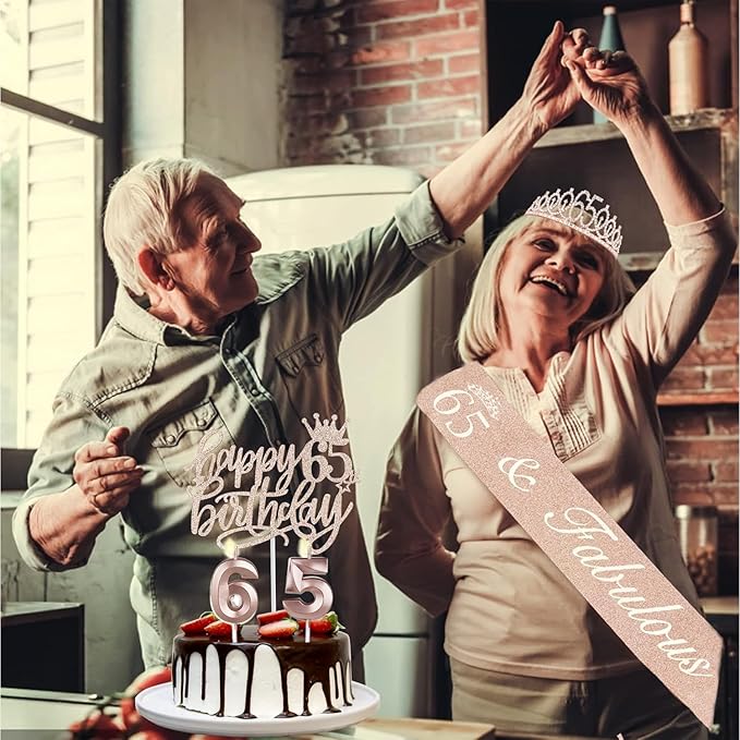 65th Birthday Decorations for Women, Including Sash, Crown/Tiara, Candles, Cake Topper, 65th Birthday Gifts for Women