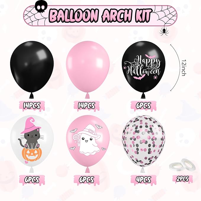 Halloween Balloons, 52 PCS Pink Black Halloween Balloons with Pumpkin Cat, Ghost Printed Balloon, Pink Black Confetti Latex Balloon for Ghost Party Decorations