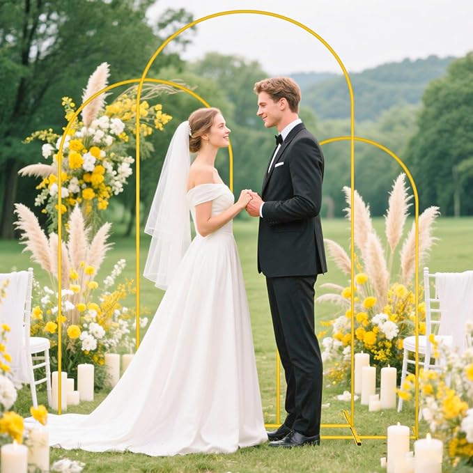 MODFUNS Metal Arch Backdorp Stand and Cover Set 6&6.6&7.2ft Gold Sequins Arch Backdrop Cover Set of 3 Golden Arched Backdrop Stand Wedding Arch Frame for Birthday Party Banquet Decoration