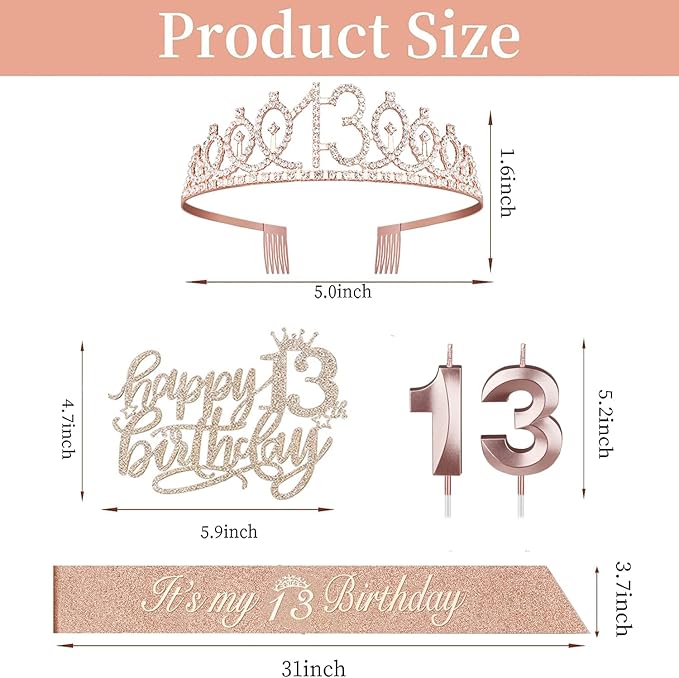 13th Birthday Decorations for Girls, Including Sash, Crown/Tiara, Candles and Cake Topper, Rose Gold Teen Girl Gifts for 13 Year Old Birthday Decorations