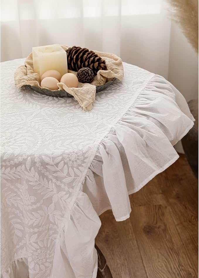 patdrea Vintage Ruffle Tablecloth for Square Tables,Farmhouse Embroidered Cotton White Lace Table Cloth Cover Decor for Dining Room Wedding Banquet Thanksgiving Christmas,67"*67"