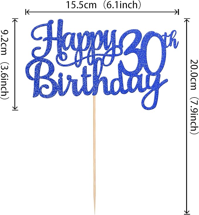 1 PCS Happy 30th Birthday Cake Topper Glitter Cheers to 30 Years Birthday Cake Pick 30 Fabulous Cake Decoration for Happy 30th Birthday Anniversary Party Decorations Supplies Blue