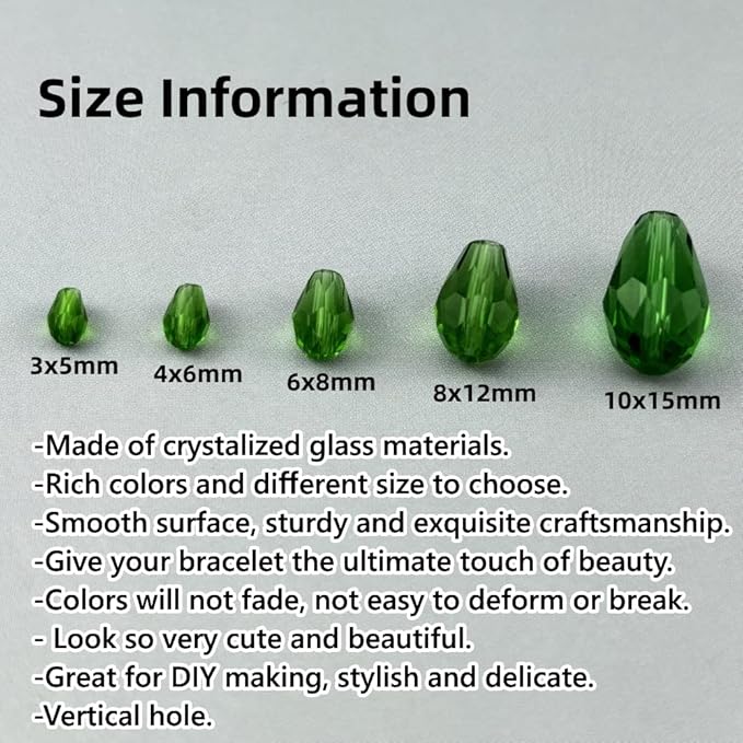 100pcs 8x12mm Teardrop Crystal Glass Beads for Jewelry Making, Faceted Vertical Hole Teardrop Glass Spacer Beads for Wind Chimes Bracelet Earring Necklace DIY Craft(Grass Green)