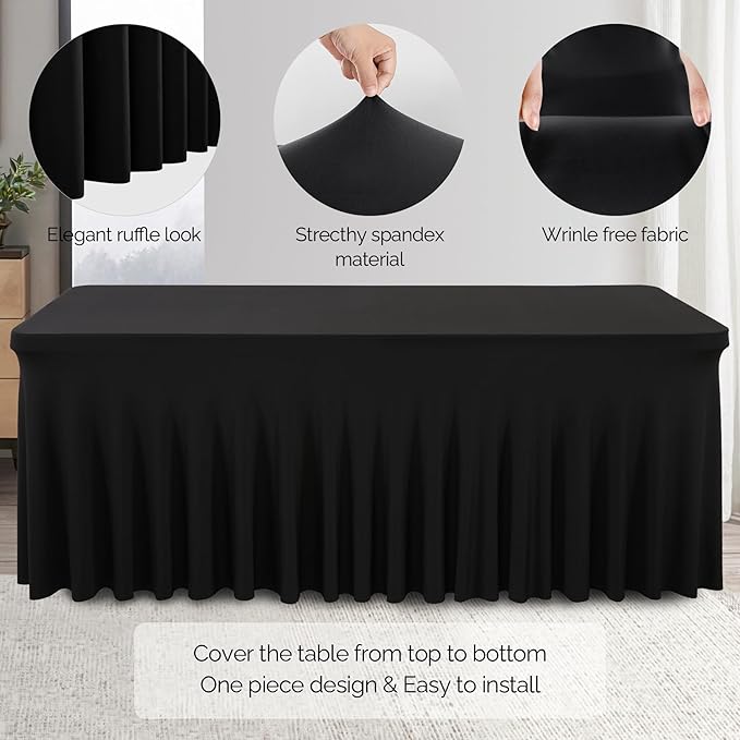 Wish Care 2 Pack Black Spandex Table Cloths - Fitted Rectangle Table Cover, Wrinkle Free, 4ft, Stretch Tablecloths for Party, Banquet, Wedding and Events