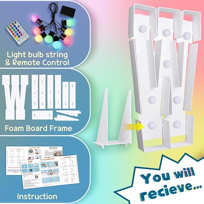 Imprsv 3FT Colorful Marquee Light Up Letters W, 18 Color Light Up Alphabet Sign with Remote, Baby Shower, Birthday Engagement Wedding Party Decor