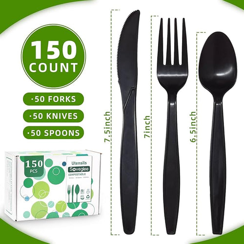 150 Count Black Compostable Silverware, Compostable Utensils, Disposable Silverware Plastic 50 Forks 50 Spoons 50 Knives, Non Plastic Utensils, Eco Friendly Utensils for Party Office Wedding