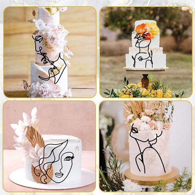 12 Pcs Acrylic Lady Face Cake Topper Minimalist Art Happy Birthday Cake Toppers Women Wedding Cake Decoration for Wedding Birthday Party (Black)