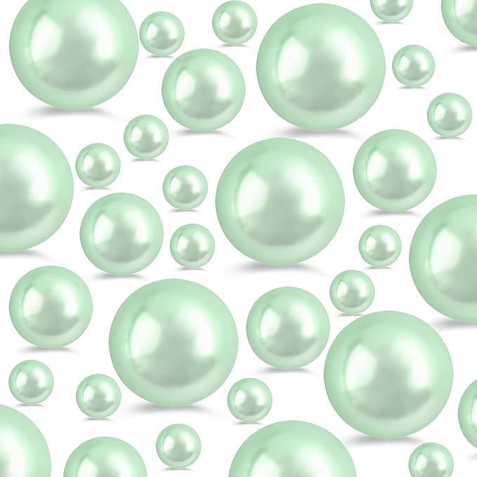 260Pcs LightGreen Glossy Beads for Centerpiece Decor, Artifical Pearls Vase Filler, Makeup Brush Beads, No Hole Round Pearl Beads for Wedding Birthday Christmas Party Home Decor(18mm 14mm 6mm)