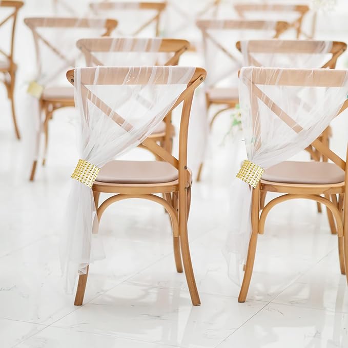 Large White Pew Bows Tulle Wedding Aisle Chair Decorations, Extended Church Pew Decor Aisle Flowers Runner for Weddings Ceremony Outside Decorations (38, Gold Wrap)