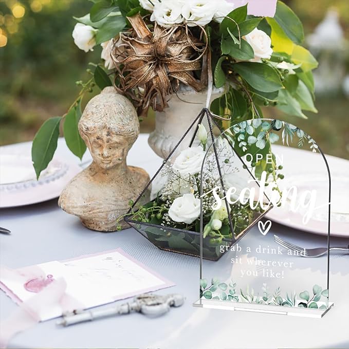 Acrylic Wedding Sign Open Seating Signs for Ceremony Modern Calligraphy Arch Acrylic Table Top Signs for Wedding Reception and Event Party Table Decor (Eucalyptus Leaves)