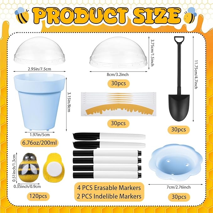 30 Sets Mini Honey Bee Pots with Lids, Spoon, Saucers and Bee Charms, 6.76 OZ Plastic Honey Jars for Cupcake Dessert Themed Party Favor Planter Baby Shower Birthday Wedding Decoration (Blue)