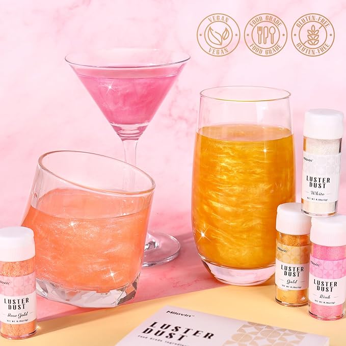 Edible Glitter, 4 Colors Luster Dust Edible, 5g/bottle Edible Glitter for Cocktails, Drinks, Cake Decoration, Cupcakes, Chocolate, Strawberries, and Waffles(Gold, Rose Gold, White, Pink)