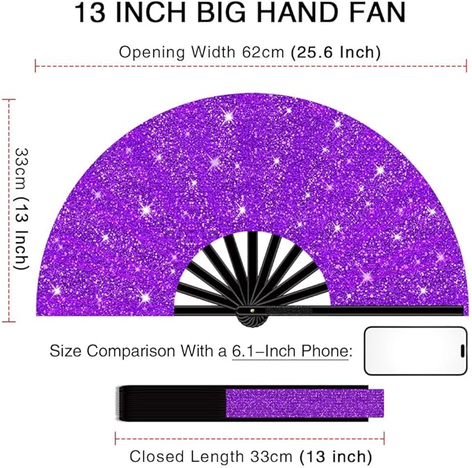 13" Large Folding Rave Fan with Holster, Clack Hand Fans Foldable for Line Dancing, Boots On The Ground Fan for Women Men Festival EDM Party Decoration, Glitter Purple 2 Pack