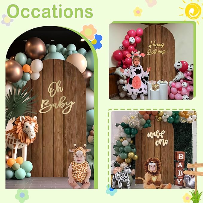 Wood Arch Cover 6ft Arch-Backdrop-Cover Jungle Theme Arched Stand Covers Wooden Arches Backdrop Double Sided Wood & White Cover for Back Drop Stand for Baby Shower Wild First Birthday Décor