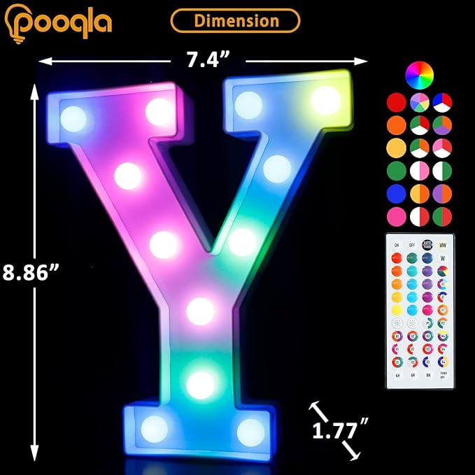 Pooqla Colorful Light Up Letters with Remote, Upgraded 35 Colors LED Marquee Letters, RGB Lighted Letter for Girls Teenager Gift, Birthday, Party, Wedding, Night Light, Room, Bedroom Decor, Letter Y